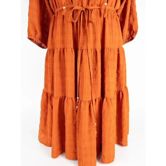 Calvin Klein Boho Cottagecore Prairie Ruffle Dress Beachy Sz 8 Burnt Orange - Picture 2 of 8